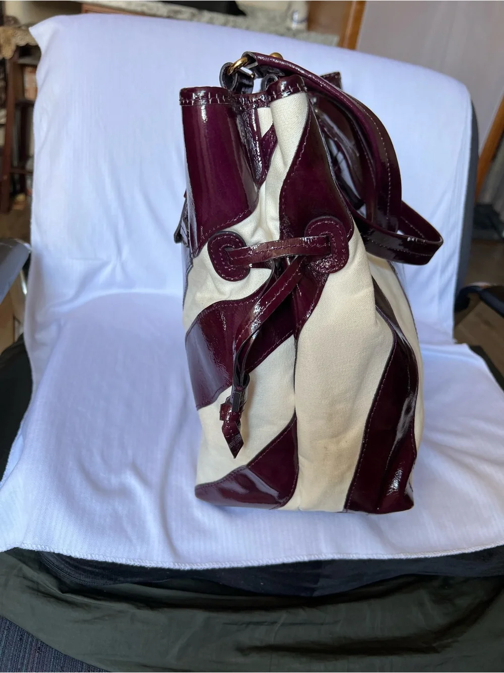 Dooney & Bourke Chiara Large Tote Bag Plum Patent Leather & Cream Stripe